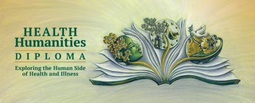 Health Humanities banner image featuring an open book with caricatures growing out of it.