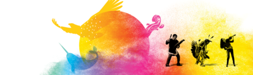 Indigenous History Month banner image featuring the sun, the eagle, the narwhal, and the violin.