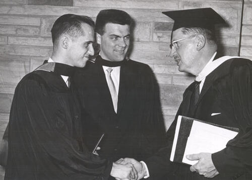 Honorary degree recipient Dr. Joseph W. Tomecko (right) with Roy Hoffman and Robert Heinz at the University of Waterloo's 8th convocation ceremony in May 1964.
