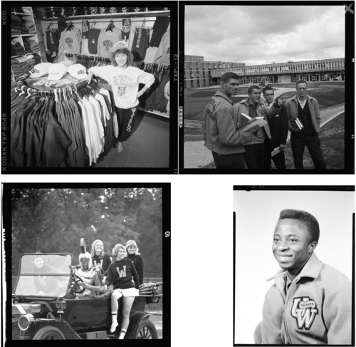 A collage of four archival photos - the original bookstore with clothing for sale, students in leather jackets, cheerleaders driving in a Model T car, and international student Olatokunboh (Toks) Oshinowo wearing a leather jacket.