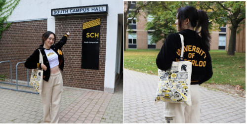 Two images of a student model wearing a vintage UW jacket while showing off a tote bag.