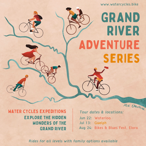 Explore the Grand River with Water Cycles event featuring an illustration of the Grand River's tributaries.