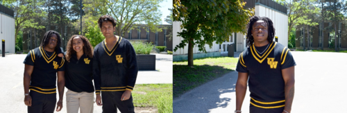 A collage of two photos showing students modeling the retro-inspired sweaters and vests.
