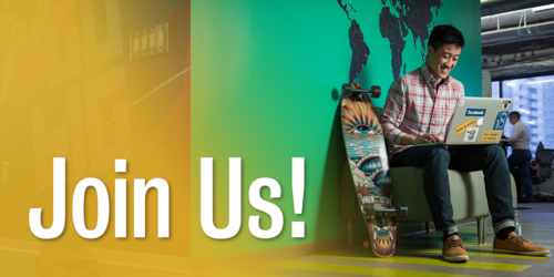 A man sits next to his skateboard while reading his laptop. The words &quot;JOIN US&quot; are superimposed.