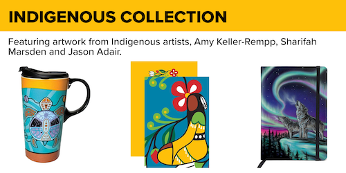 Indigenous collection from W store banner showing mugs and other items.