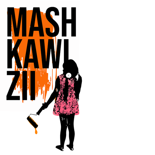 A little girl in a pink dress with a paint roller covers the word &quot;Mashkawizii&quot; in orange paint.