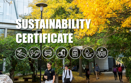 Sustainability Certificate icons over top of a campus scene.