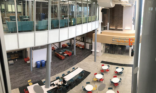 The view of the Hagey Hub's atrium from the working elevator.