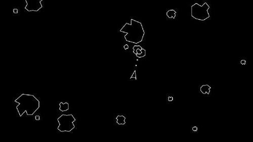 The 1979 arcade game Asteroids featuring a vector-graphic spaceship in a starfield with asteroids.