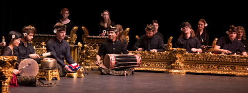 The gamelan ensemble performing on stage.