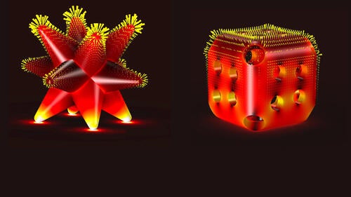 Two polyhedral nano-electrocatalysts glow red.