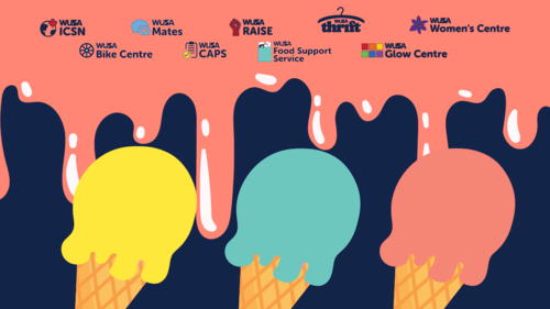 Illustrations of three coloured ice cream cones, with the logos of the student services overhead.