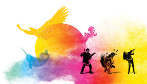 Indigenous History Month banner featuring the sun, an eagle, a violin, and a narwhal along with silhouettes of Indigenous people.