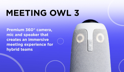 Meeting Owl 3 banner image showing the camera and microphone appliance.