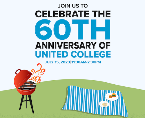 United College 60th anniversary banner featuring a BBQ and a picnic blanket.
