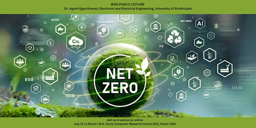 A Net Zero banner featuring hexagonal icons surrounding an ecosystem enclosed in a glass sphere.