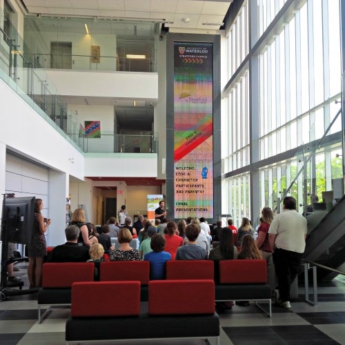 An open house in the Stratford Campus atrium.