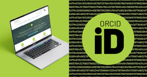 ORCID project banner featuring an illustration of a laptop and the symbol for ORCID ID backed by hacker code.