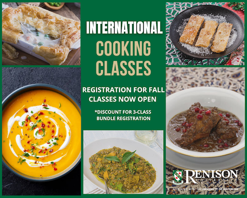 International Cooking Classes banner showing a number of dishes from various cultures.