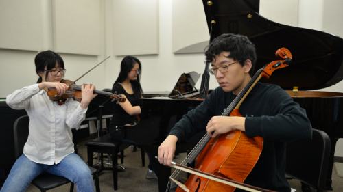 A violinist, pianist, and cellist perform.