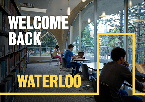 Welcome Back Waterloo image showing students physically distant while working on laptops.