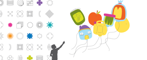 An illustration of a person reaching for balloons that represent food and other essential items.