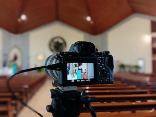 A digital camera aimed at a church sanctuary.