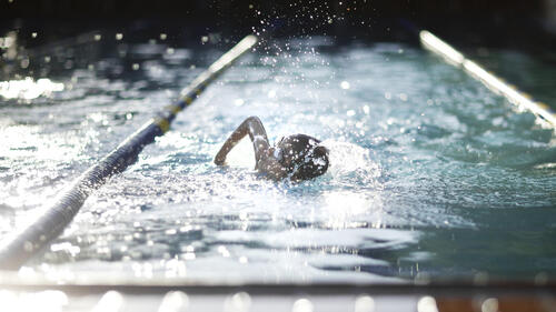 A person swims in a lane at a pool.