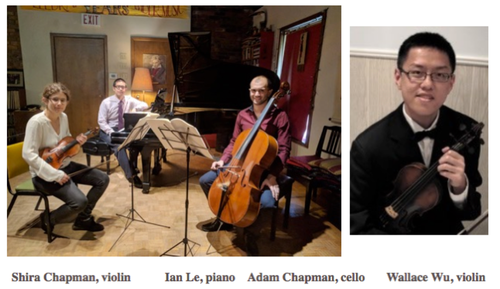 Chamber music musicians playing violin, cello and piano.