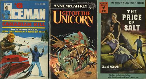 A collage of three pulp fiction adventure novels.