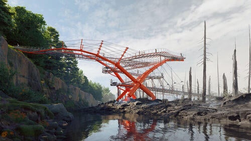 Owen Melisek and Silas Clusiau of the Waterloo School of Architecture took top spot in a national design competition with this pedestrian bridge, which they called Fire Bird.