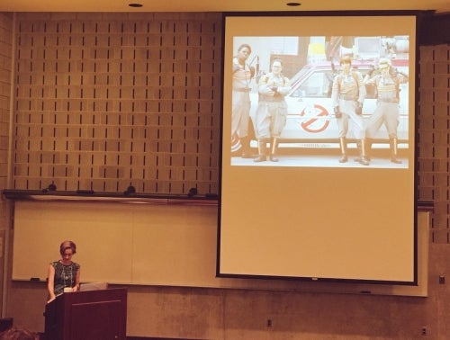 Professor Aimée Morrison's keynote address includes references to the recent Ghostbusters movie.