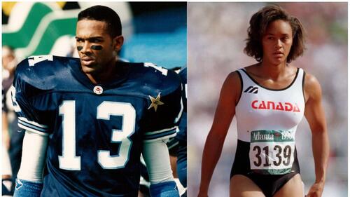  Taly Williams (left) during his playing days with the Toronto Argonauts and Lesley Tashlin at the Atlanta Olympic Games in 1996.