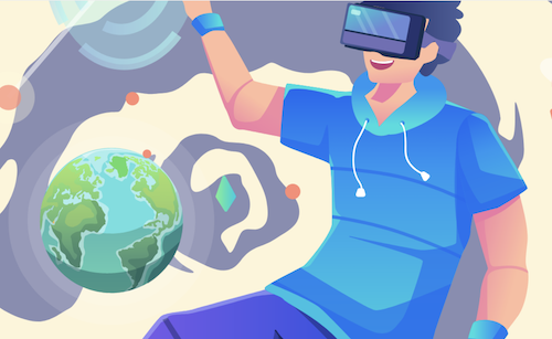 A cartoon illustration of a person wearing a VR mask orbiting the Earth.