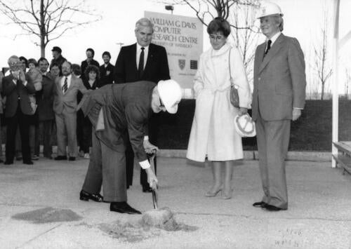 Groundbreaking of the William G. Davis Computer Research Centre, now known colloquially as the Davis Centre, with guest of honour, William G. Davis in attendance (April 16, 1985).