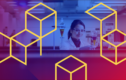 A woman works in a lab setting as geometric shapes are superimposed.