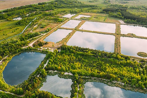 An aerial shot of stormwater management ponds
