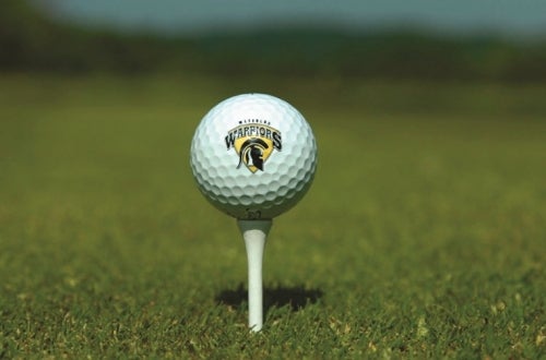 A golf ball on a tee with the Waterloo Warriors logo.
