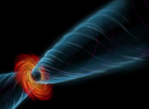 Artist’s conception of the accretion flow and jet – the near-lightspeed outflow of plasma and electromagnetic fields along the polar axis – near the black hole in M87.