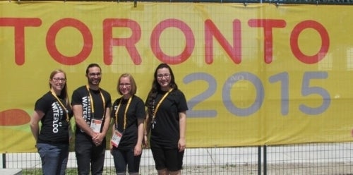 Dr. Kristine Dalton with undergraduate research assistants Sergiu Picioreanu, Amy Willms, and Mariko Hirano at the Toronto 2015 Parapan Am Games.