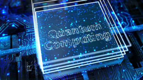 &quot;Quantum Computing&quot; is emblazoned on an illustration of a microchip.