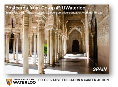 A work abroad postcard showing Spanish architecture.