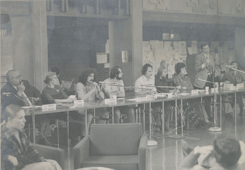 Andrew Telegdi (centre) presides over a Federation of Students General Meeting in the Campus Centre Great Hall in 1974.