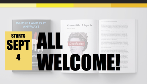 &quot;All Welcome&quot; says the Reconciliation Book Club banner, which features articles and book covers.