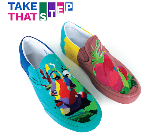 Take That Step banner featuring a pair of customized shoes.