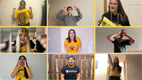 A collage of Orientation Leaders on video screens.