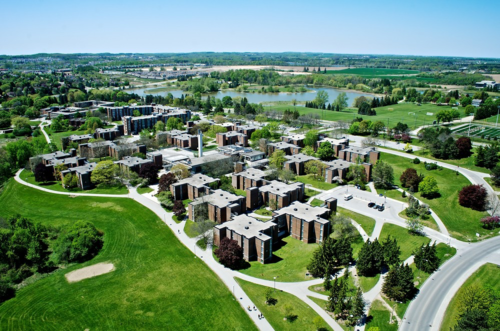 An aerial shot of the University of Waterloo's main campus focusing on its residences.