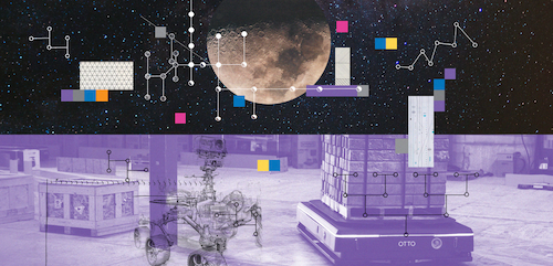 A collage of images including robots and the moon.