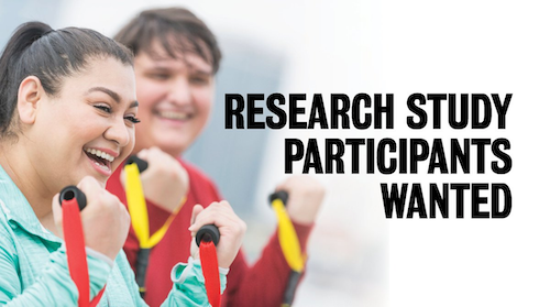 Research Study Participants Wanted banner with two people using resistance bands to exercise.