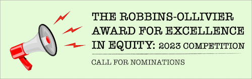 Robbins-Ollivier Award for Excellence in Equity banner featuring a megaphone.